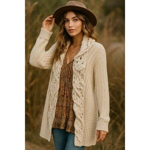 Maggie Sweet Women's Sweater Cardigan Beige Crochet Cable Knit Small Boho Cozy